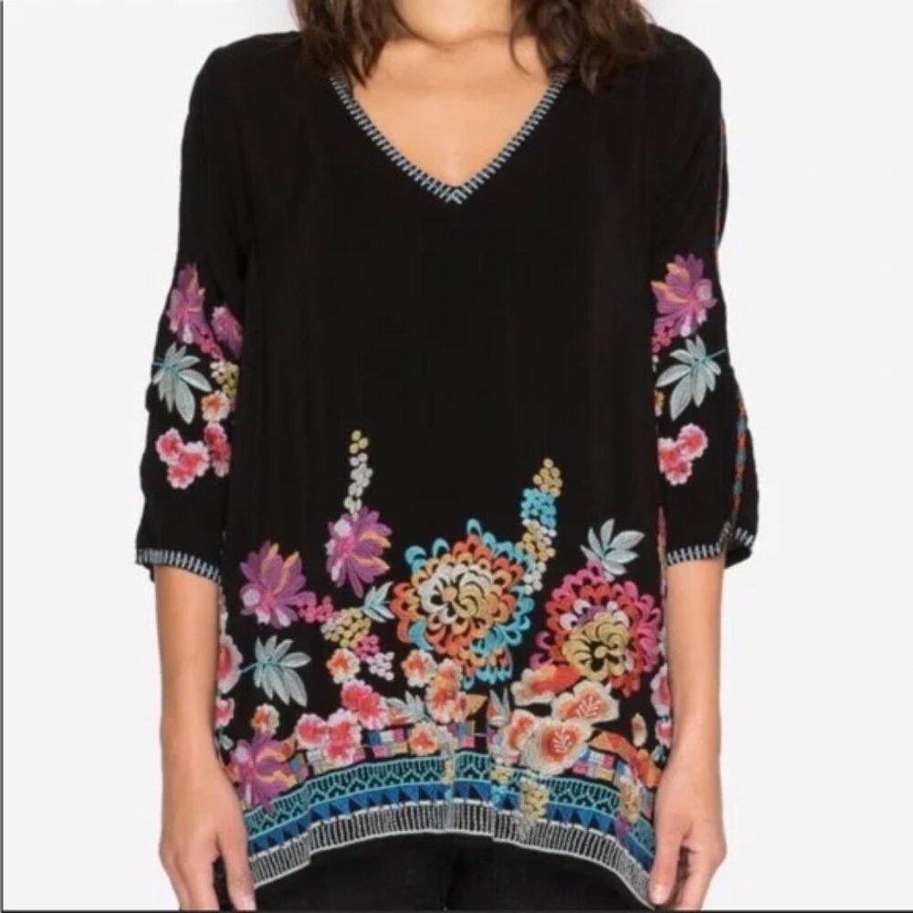 Johnny Was Araxi Floral Embroidered V Neck Tunic Top Black